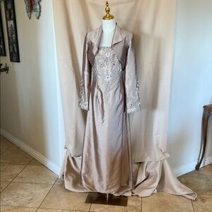 Embellished Taupe Satin Evening Gown with Jacket